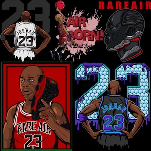 May include: A collection of illustrations featuring basketball player Michael Jordan. The images include Jordan in action, his jersey with the number 23, and the words "Rare Air" and "Air Born!" in bold text. The color palette includes red, black, and white.