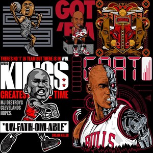 May include: A black graphic design featuring multiple illustrations of a basketball player in action, with the text "GOT 'EM", "KINGS", and "UN-FATH-OM-ABLE". The images are in red, white, and gray.