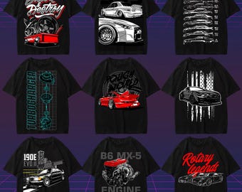 以下が含まれることがあります： 車をテーマにしたグラフィックが描かれた9枚の黒いTシャツ。デザインには、「Build Destroy」の文字が入った赤い車、「GTR」の文字が入った白と黒の車、「190E EVO II」の文字が入った黒い車が含まれています。