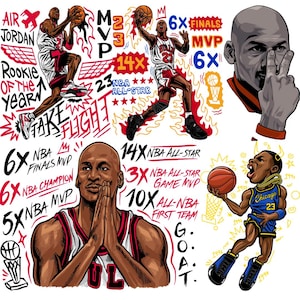 May include: A collage of illustrations featuring a basketball player in action, with text elements like "AIR JORDAN," "ROOKIE OF THE YEAR," and "TAKE FLIGHT." The image includes various accolades and statistics, such as "6X FINALS MVP" and "14X NBA ALL-STAR."