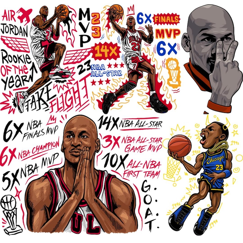 May include: A collage of illustrations featuring a basketball player in action, with text elements like "AIR JORDAN," "ROOKIE OF THE YEAR," and "TAKE FLIGHT." The image includes various accolades and statistics, such as "6X FINALS MVP" and "14X NBA ALL-STAR."