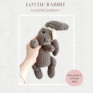 Puede incluir: Un juguete de conejo gris tejido a ganchillo con un ribete blanco y crema alrededor de las orejas. El texto "Lottie Rabbit crochet pattern" está en la parte superior de la imagen. La imagen también incluye un círculo rosa con el texto "INCLUDES A SITTING MOD".