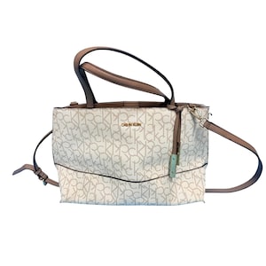Calvin Klein White & Grey Signature Tote Handbag w/ Shoulder Strap