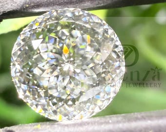 May include: A round, brilliant-cut diamond held by a pair of metal tweezers. The diamond sparkles with multiple facets, reflecting light. The background is blurred green foliage.