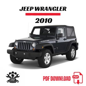 May include: A black and gray 2010 Jeep Wrangler Rubicon SUV. The image includes the text "JEEP WRANGLER 2010" at the top and "PDF DOWNLOAD" at the bottom. The vehicle has large tires and a hard top.