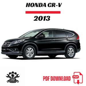 Puede incluir: Un SUV Honda CR-V negro de 2013. La imagen muestra el perfil lateral del coche, destacando sus ruedas y el diseño de la carrocería. El texto en la parte superior dice "HONDA CR-V 2013". También hay un icono de descarga PDF.