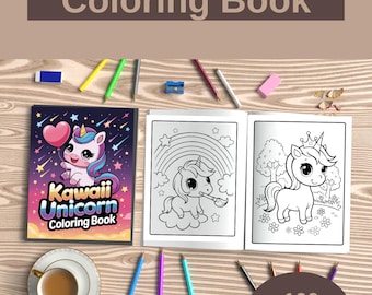Puede incluir: Un "Kawaii Unicorn Coloring Book" de 100 páginas, abierto para mostrar ilustraciones de unicornios. La portada presenta un lindo unicornio sosteniendo un corazón. También se ven lápices de colores, una taza de té y una goma de borrar.