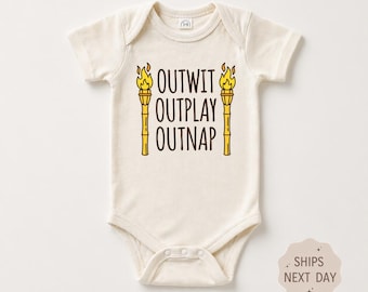 Outwit Outplay Outnap Baby Bodysuit, Survivor Fan Gift, Funny Reality TV Baby Outfit