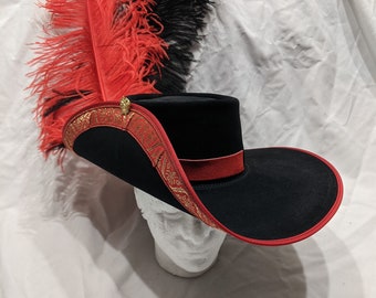 Fancy Wide Brim Leather Hat Red Black and Gold w/2 large feather plumes musketeer hat pirate hat ren fair garb captain