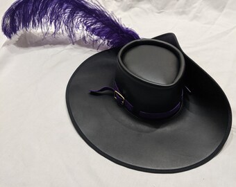 Wide Brim Leather Cavalier Hat Black With Large Feather  display picture 1
