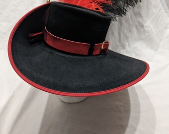 SOPHISTICATED 1940\'s BLACK FELT WIDE FRINGED BRIM HAT + RED/BLACK FEATHER TRIM - Vintage-inspired black velveteen hat with 1930s trim main image 2
