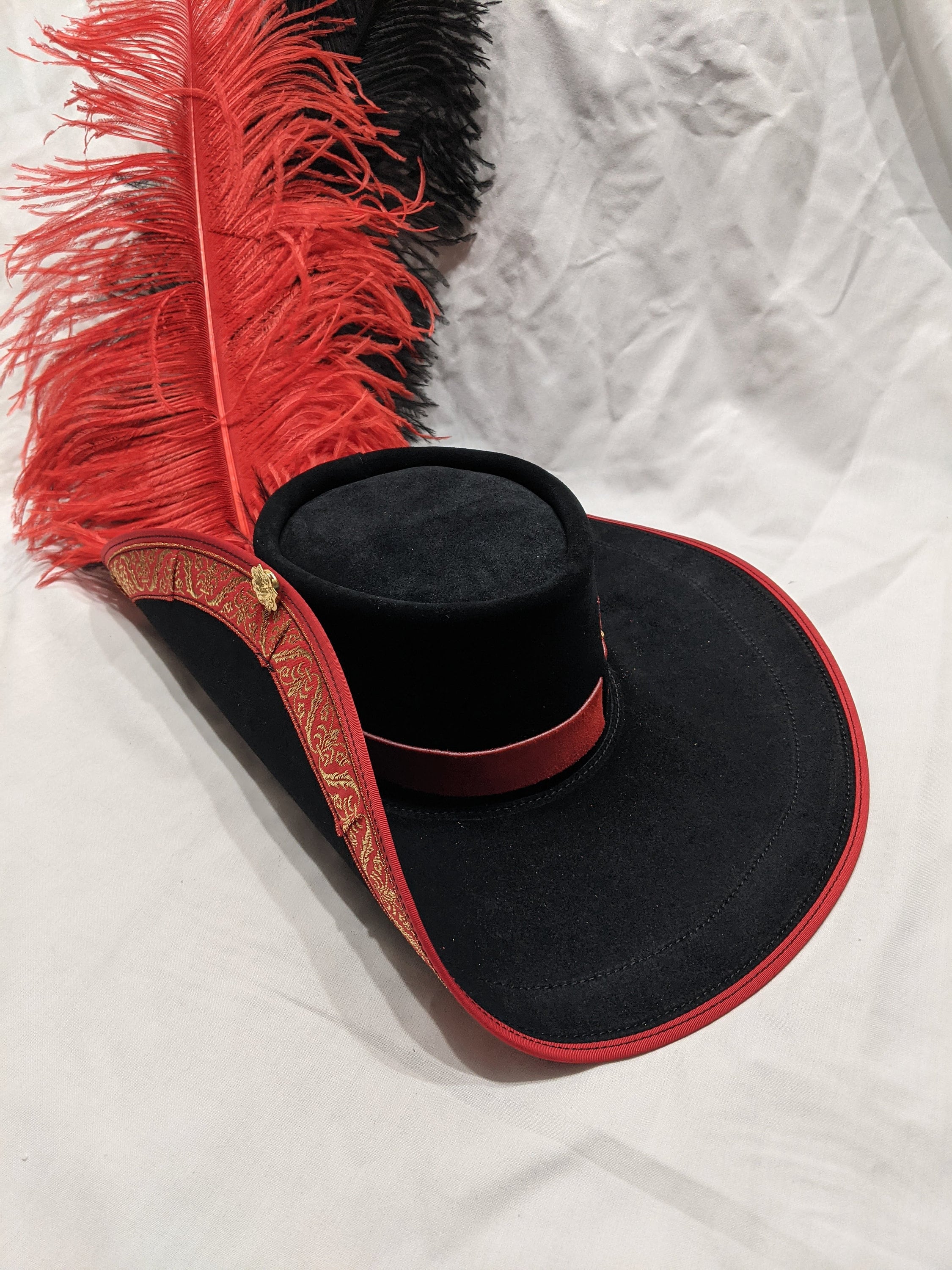 Fancy Wide Brim Leather Hat Red Black 