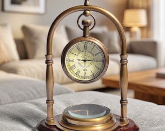 Personalized Brass Clock and Compass – Engraved Desk Gift for Retirement or Office Decor