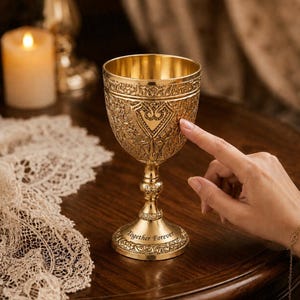 May include: Ornate gold-colored chalice with intricate floral and heart-shaped designs. The base of the chalice reads "Together Forever". The chalice is on a dark wooden surface.