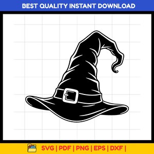 Può includere: Un'illustrazione grafica in bianco e nero di un cappello da strega a punta con tesa larga e una fascia con fibbia. Il design presenta linee marcate e una parte superiore curva e cadente, disponibile nei formati SVG, PDF, PNG, EPS e DXF.
