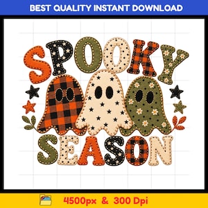 Puede incluir: Un diseño gráfico digital que presenta el texto SPOOKY SEASON en letras estilizadas con varios patrones, incluyendo naranja, cuadros negros, verde oliva y crema con estrellas y flores. Tres figuras de fantasmas con patrones están centradas.