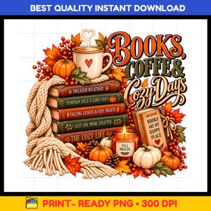 Op de afbeelding: Een digitale illustratie met een stapel boeken met titels zoals Sweater Weather en The Cozy Life, een dampende mok, een kaars met het label Fall Breeze, pompoenen, herfstbladeren, bessen en een dikke deken met touwtextuur.