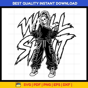 May include: A black and white digital illustration of a skeleton with a messy bun hairstyle, wearing a long-sleeved shirt and cargo trousers with a chain. The skeleton is giving the middle finger with both hands. The text WILD SPIRIT is in the background.