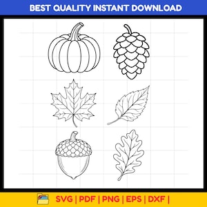 May include: A digital graphic set featuring six black and white line art illustrations of autumn elements: a pumpkin, a pinecone, a maple leaf, a serrated leaf, an acorn, and an oak leaf, arranged in a grid with the text BEST QUALITY INSTANT DOWNLOAD.