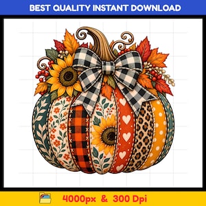 Patchwork-Kürbisschleife (PNG), Leopardenkaro-Kürbis mit Blumenmuster, Herbstliches Erntedankfest-Design (PNG), Verspieltes Herbst-Sublimationsdesign, Digitaler Download