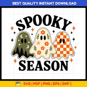 Op de afbeelding: Een digitaal grafisch ontwerp met de tekst SPOOKY SEASON in zwarte letters. Drie geesten staan in het midden: één met een groen bos- en maanpatroon, één met oranje bloemen op crème, en één met een oranje en wit dambordpatroon.
