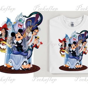 May include: White sweatshirt featuring a colorful graphic of Mickey Mouse and various Disney villains. The design includes Captain Hook, Ursula, Jafar, and others. The graphic is set against a blue and white background.