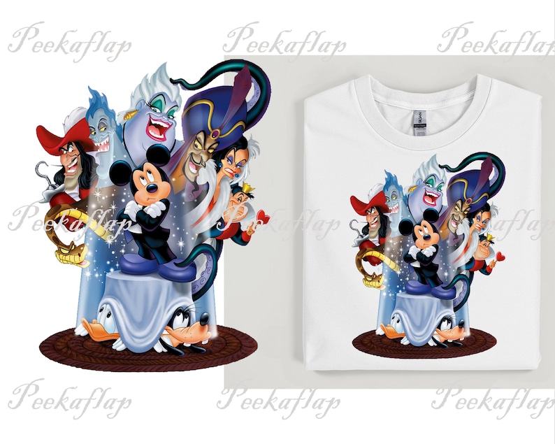 May include: White sweatshirt featuring a colorful graphic of Mickey Mouse and various Disney villains. The design includes Captain Hook, Ursula, Jafar, and others. The graphic is set against a blue and white background.