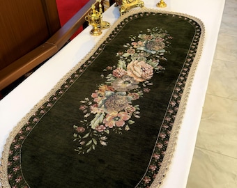 Olive Green Oval Shape Pastel Pink Roses, Blue Wildflowers Pattern French Tapestry Table Runner, Woven Vintage Dining Decor,