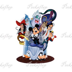 May include: A colorful illustration featuring Mickey Mouse and several Disney villains, including Captain Hook, Ursula, and Jafar. The characters are arranged on a brown circular base, with a white background and the text "Peekafiap" repeated.