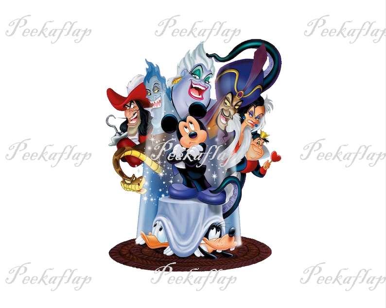 May include: A colorful illustration featuring Mickey Mouse and several Disney villains, including Captain Hook, Ursula, and Jafar. The characters are arranged on a brown circular base, with a white background and the text "Peekafiap" repeated.