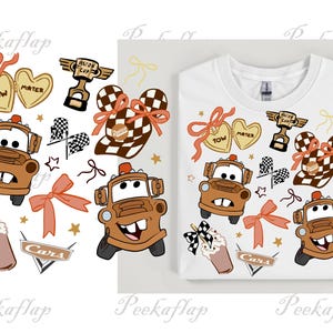 May include: White t-shirt featuring a cartoon design with brown tow truck Mater, racing flags, and other Cars movie-themed graphics. The design includes the text "Cars" and "Mater". The design is repeated on the left and on the t-shirt.