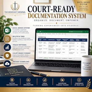 May include: A digital documentation system for legal evidence, featuring a laptop displaying an Excel incident log, a black notebook with gold text, and a white mug with the text: DOCUMENT TODAY A STRONGER TOMORROW. The system includes multiple tabs.