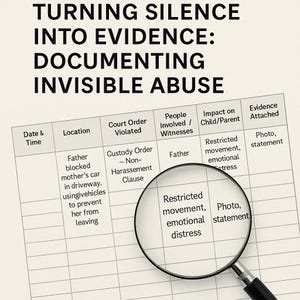 May include: A document with the title "TURNING SILENCE INTO EVIDENCE: DOCUMENTING INVISIBLE ABUSE." The document includes a table with columns for Date & Time, Location, Court Order Violated, People Involved / Witnesses, Impact on Child/Parent, and Evidence Attached. A magnifying glass highlights "Restricted movement, emotional distress."