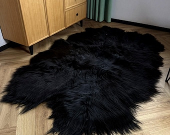Natural HUGE quadruple Icelandic Sheepskin Fur Rug Seat Cover Housewarming Present Carpet home decoration Black Color