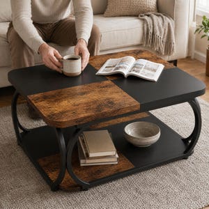 Large Square Coffee Table 2 Tier Storage – Wood Panel Top Curved Metal Frame