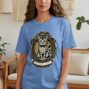 Regal Cat T-Shirt, Royal Feline Bow Tie Tee for Cat Moms & Dads, Vintage Aristocrat Pet Portrait Shirt, Faux Gold Print Design