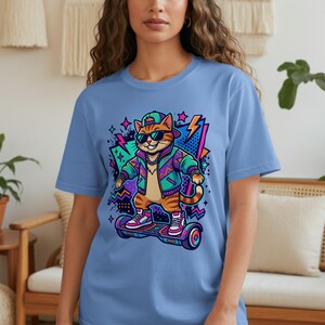 Retro Cat Hoverboard T-Shirt, 90s Aesthetic Vaporwave Cool Cat Tee, Funny Feline Streetwear, Kawaii Skater Pop Art Shirt, Pet Lover Gift