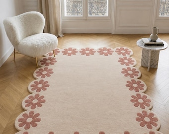 Floral Scalloped Rug, Handmade Tufted Wool Area Rug, Pink Daisy Border Rug, Cute Cottagecore Carpet, Coquette Living Room Rug, Custom Rug