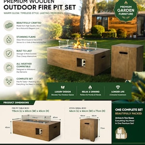 May include: A rectangular wooden outdoor fire pit table with a glass wind guard and blue stones, accompanied by a matching wooden stool. The fire pit table measures 115cm by 60cm by 45cm, and the stool measures 46cm by 46cm by 77cm.
