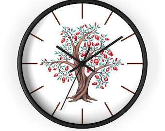 Orologio da parete di arte ebraica cristiana con decorazione di un albero di melograno, ispirazione religiosa per la decorazione della casa.