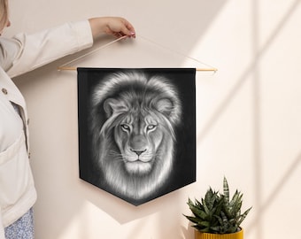 Lion of Judah Wall Banner Christian Home Decor Pencil Drawing Faith Art