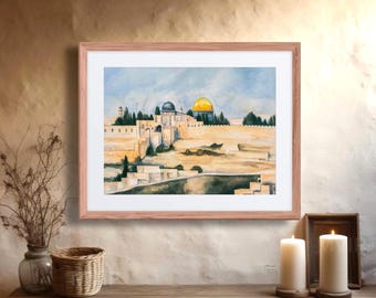 Lámina artística de Jerusalén en acuarela, decoración bíblica, arte mural del Monte del Templo de Israel, arte decorativo religioso.