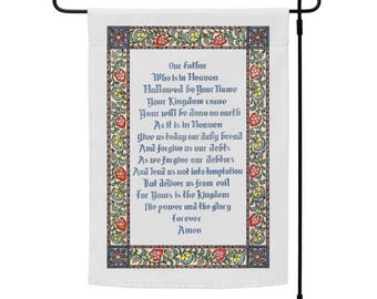 Bandiera da giardino con preghiera del Signore, dipinta a mano, motivo floreale ad acquerello, decorazione da parete cristiana per esterni, regalo