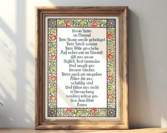 Póster del Padre Nuestro en alemán, regalo bíblico para creyentes, arte mural floral del Padre Celestial, decoración para la sala de oración Mateo 6:6