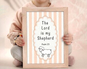 Lámina infantil "El Señor es mi pastor", arte mural del Salmo 23, decoración con versículos bíblicos cristianos, decoración para habitación de bebé niña, arte infantil con ovejas