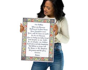 Lord's Prayer Canvas Print, Watercolor Floral Christian Wall Art