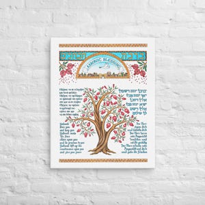 May include: A canvas print of the "Aaronic Blessing", featuring Hebrew, Greek, and German text, and a tree with pomegranates. The artwork has decorative elements in red, blue, and gold. The overall theme is religious and spiritual.