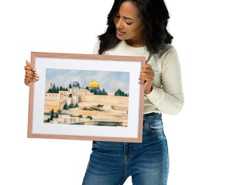 Jerusalem Watercolor Original Painting Framed Print Christian Judaica Holy Land Temple Mount Landscape Art