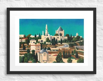 Póster enmarcado del Monte Sión: Pintura de Jerusalén, Salmo 125, versículo bíblico cristiano, arte mural