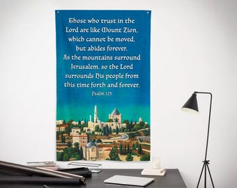 Salmo 125 Confía en el Señor Bandera Arte Cristiano Jerusalén Monte Sion Pancarta Inspiradora
